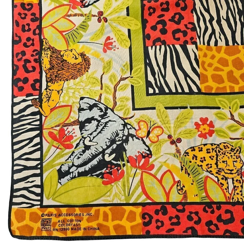 Paris Accessories Inc 1960s Square Cotton Scarf Multicolor Wild Animal Pattern